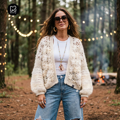 Häkelset - MYPZ kurzer Bomber-Cardigan Wildflower Off White (ENG-DE-NL-ES-FR-IT-DA-SV-NO)