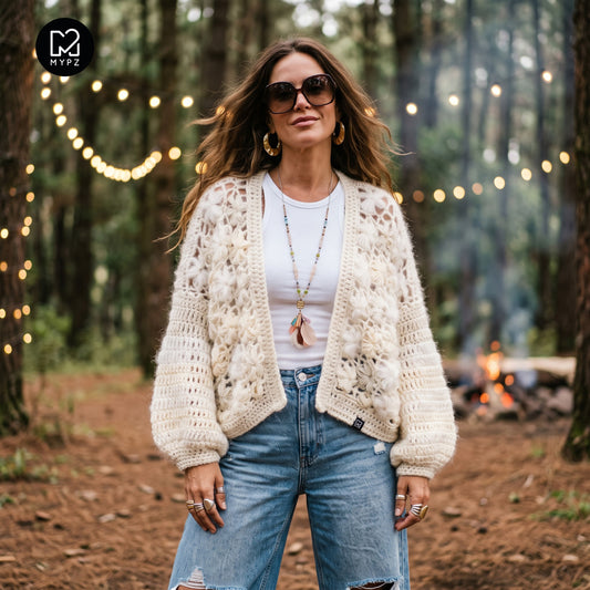 Häkelset - MYPZ kurzer Bomber-Cardigan Wildflower Off White (ENG-DE-NL-ES-FR-IT-DA-SV-NO)