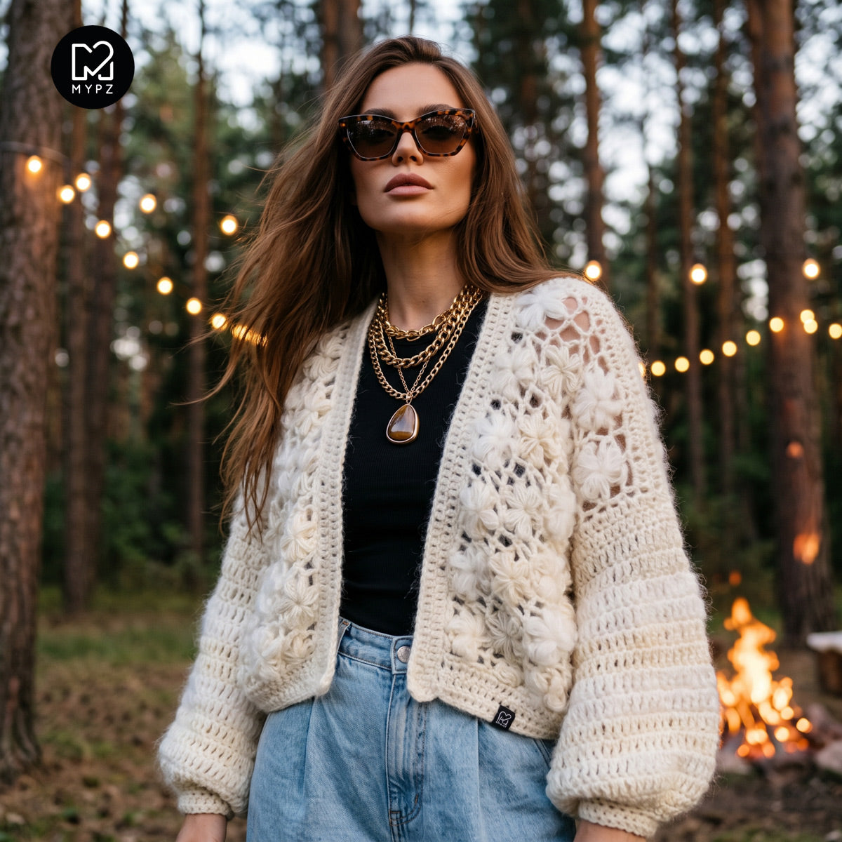 Häkelset - MYPZ kurzer Bomber-Cardigan Wildflower Off White (ENG-DE-NL-ES-FR-IT-DA-SV-NO)