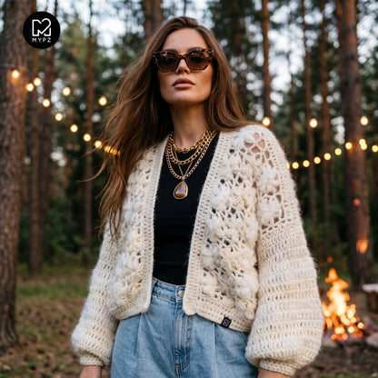 Häkelset - MYPZ kurzer Bomber-Cardigan Wildflower Off White (ENG-DE-NL-ES-FR-IT-DA-SV-NO)