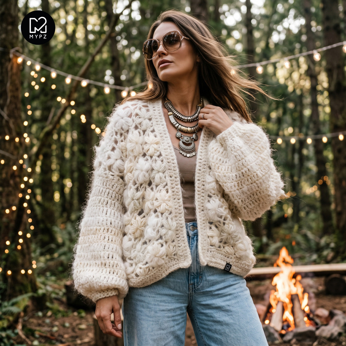 Häkelset - MYPZ kurzer Bomber-Cardigan Wildflower Off White (ENG-DE-NL-ES-FR-IT-DA-SV-NO)
