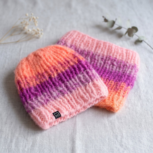 Strickset – Farbverlaufs-Mütze und Schlauchschal aus dickem Mohair Orange (ENG-DE-NL-ES-FR-IT-DA-SV-NO)