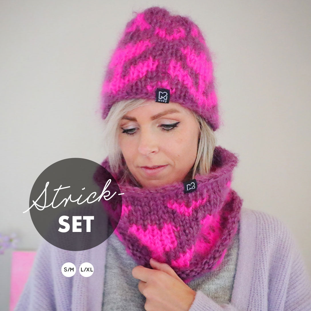 Strickset – CHunky Mohair-Tulpenmütze + Loopschal (ENG-NL-DE)